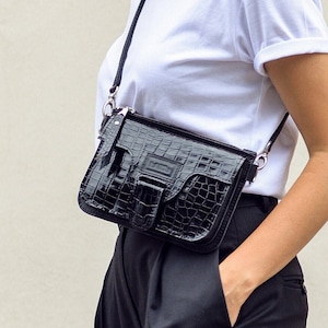 Leren clutch voor dames, mini-schoudertas, zwart leren tasje met magneetsluiting, kleine leren handtas