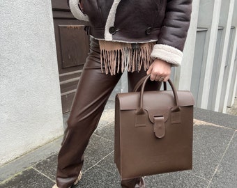 Brown Leather handbag, Large leather work bag, Personalized gift, Leather laptop bag.