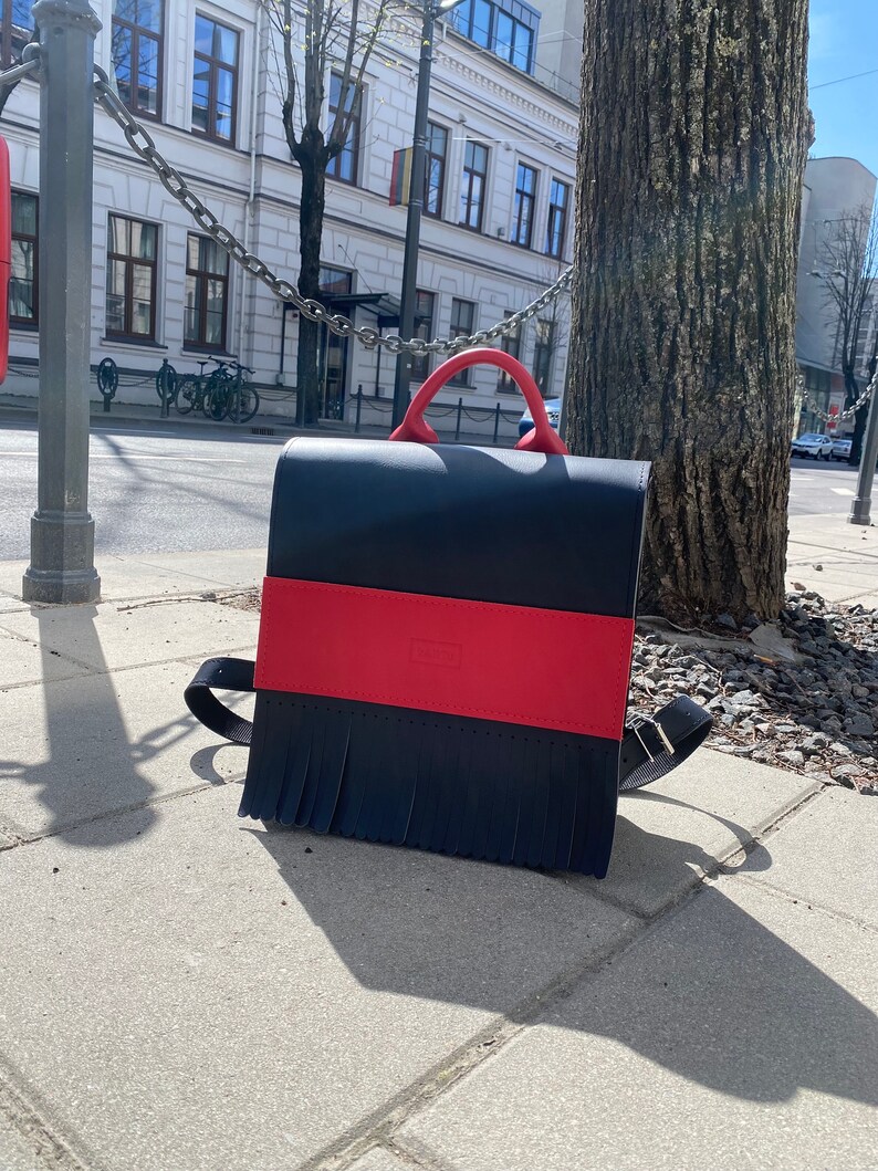 Strict shape backpack with frindges, Natural leather backpack for work or studies, Choose your color and personalisation.