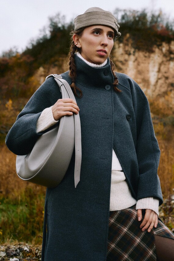Grey Italian Leather Crescent Bag – Half Moon Shoulder Purse, Gift