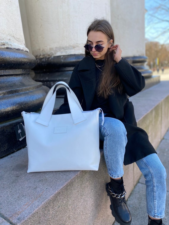 Large White Leather Work Bag – Handmade Travel Tote, Custom Office Handbag, Gift for Wife