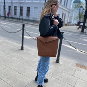 Brown leather everyday backpack, Envelope style rucksack, Custom leather backpack for women.