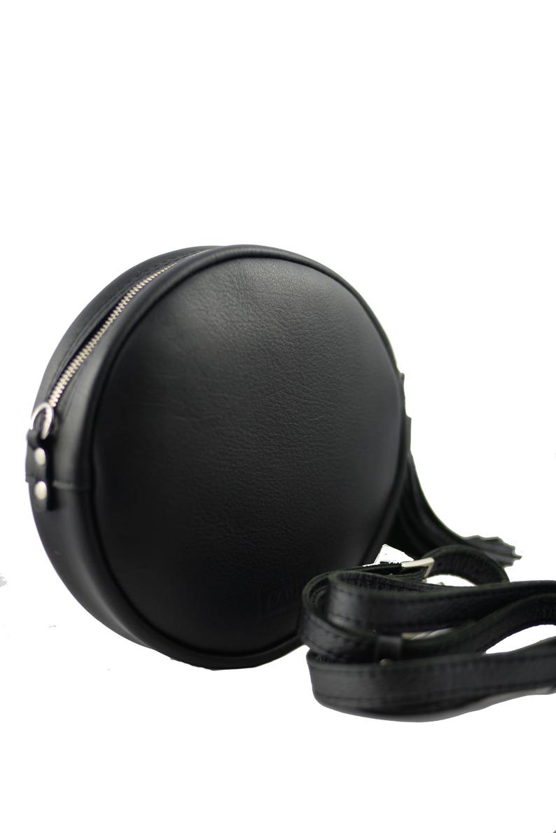 Round Cross-body Bag, Natural Leather Round Purse, Black Leather Bag ...
