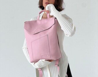 Pink leather backpack that turns into handbag, Business bag for women, Stylish everyday rucksack, Custom color available.