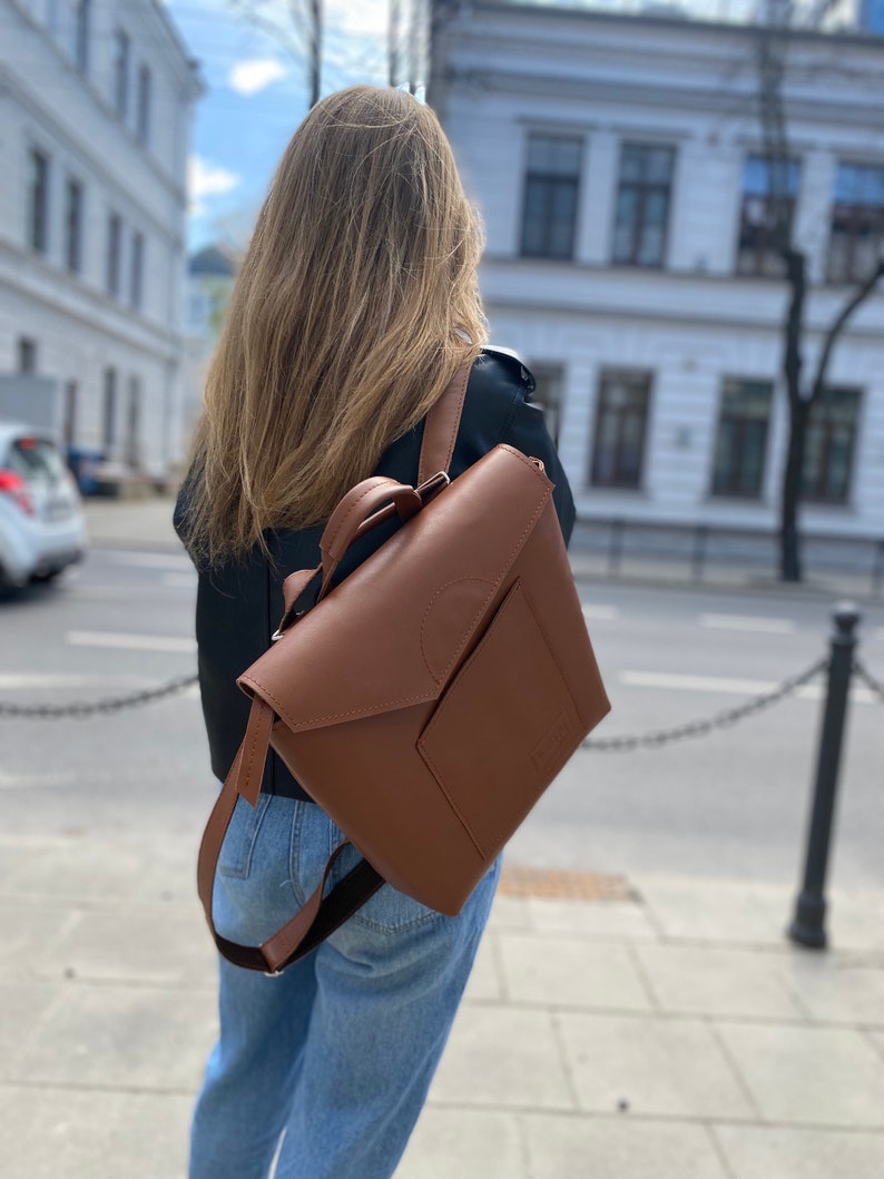 Brown leather everyday backpack, Envelope style rucksack, Custom leather backpack for women.