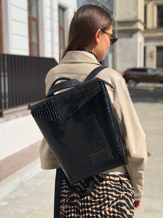 Lacquered Croc Print Rucksack Stylish Handbag Black Leather Backpack Gift for Mother Gift for Wife. Etsy
