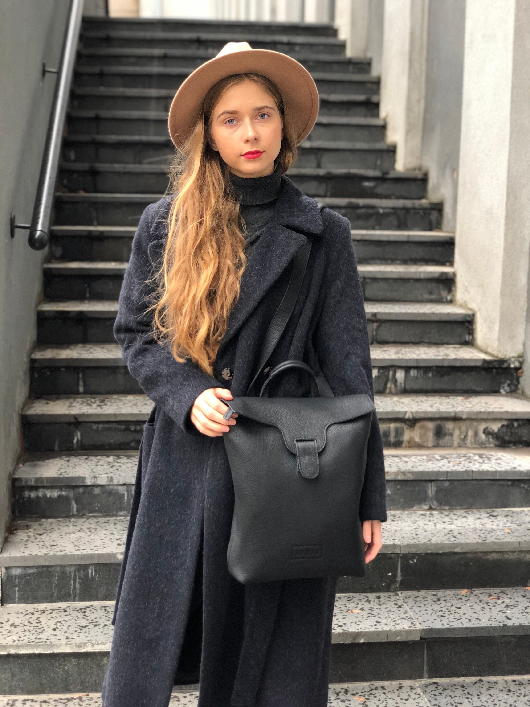 black leather work backpack