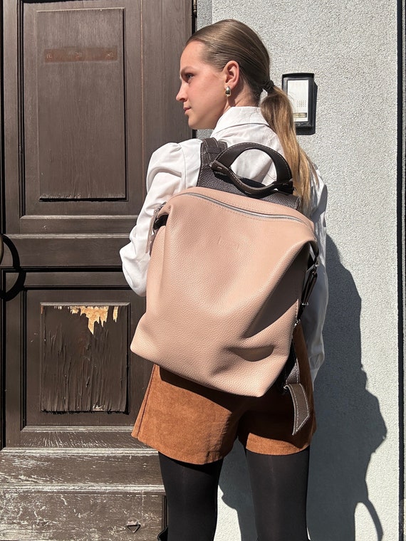 Natural Leather Backpack, Beige Rucksack, Leather Laptop  display picture 2