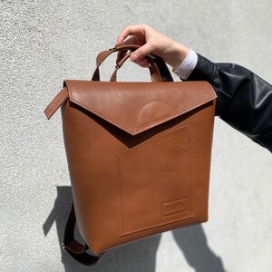 Brown leather everyday backpack, Envelope style rucksack, Custom leather backpack for women.