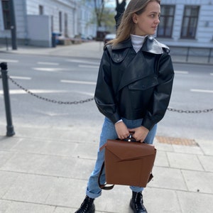 Brown leather envelope backpack, Everyday style rucksack, Custom leather backpack for women.