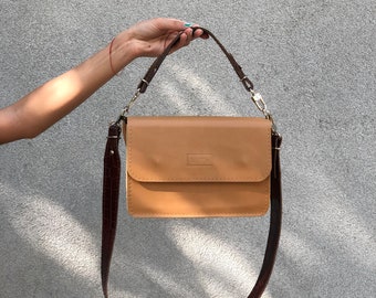 Tan brown handbag for women, Natural leather handbag, Comfortable cross-body bag, Can be customized.