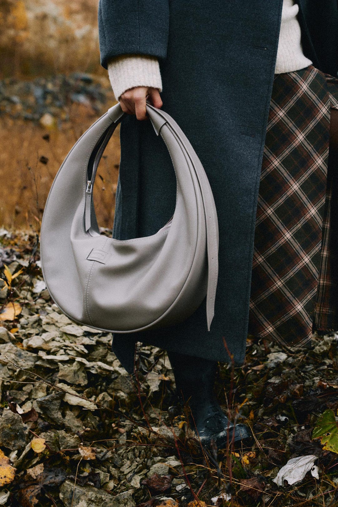 Grey Italian Leather Crescent Bag – Half Moon Shoulder Purse, Gift