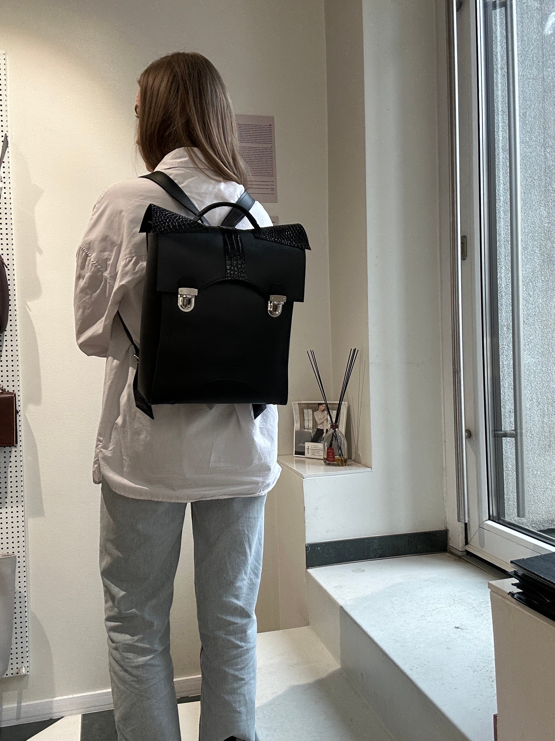 Black Leather Backpack, Rectangular Buckle Bag, Office 