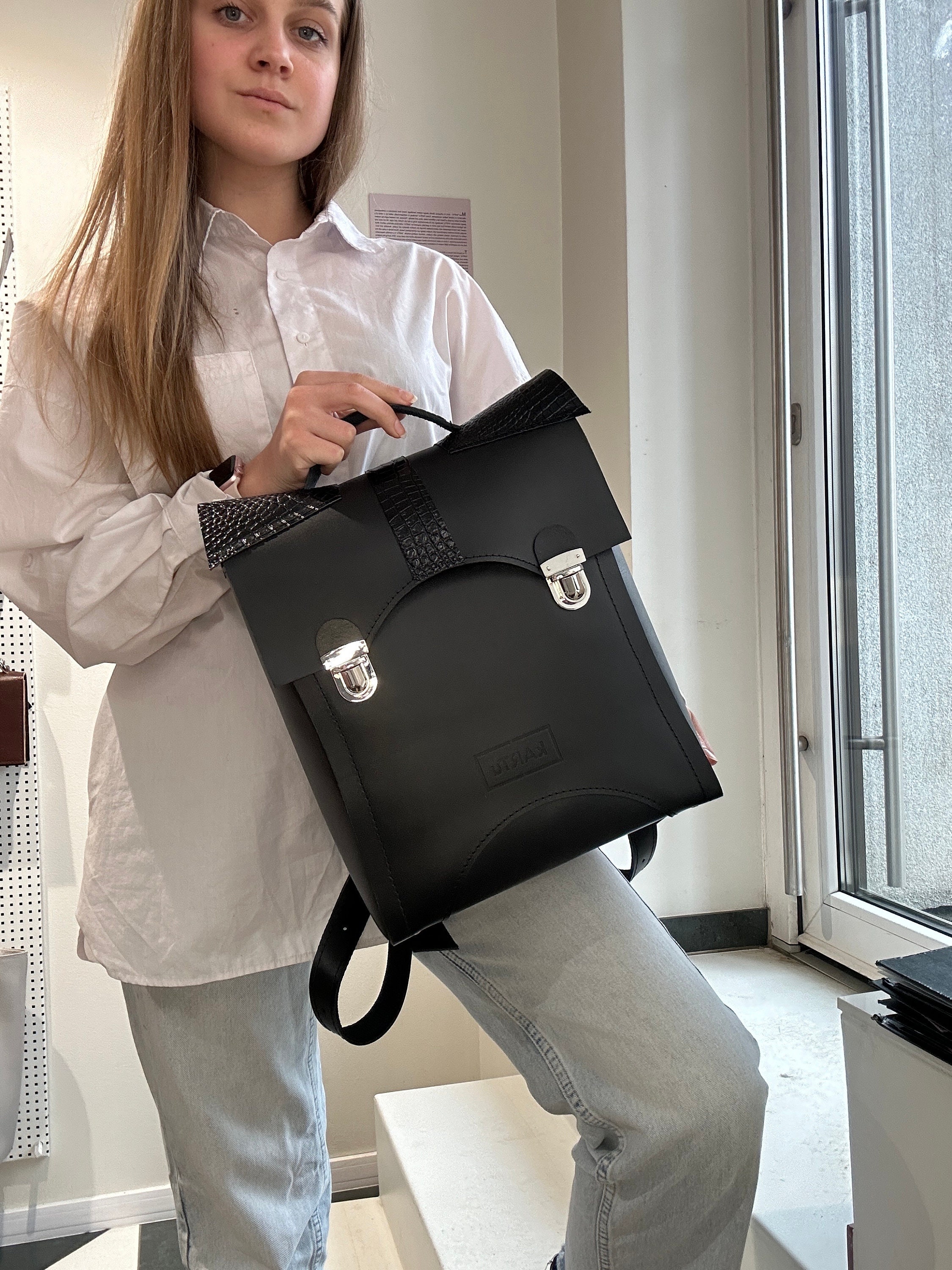 Chic Black Backpack with Buckle Details Black Leather Backpack, Rectangular Buckle Bag, Office  main image 3