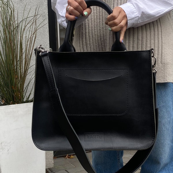 Natural leather handbag, Office bag, Leather computer bag, Big leather bag, Black work handbag, Handbag for women.