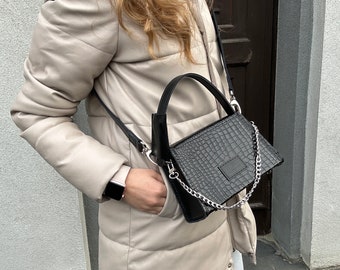 Black top handle bag, Leather top handle handbag, Small elegant handbag, Gift for lady, Lady boss gift, Gift for girlfriend