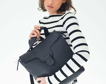 Svart läderhandväska, urban stil, laptopväska, specialfärgad