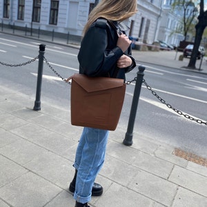 Brown leather everyday backpack, Envelope style rucksack, Custom leather backpack for women.