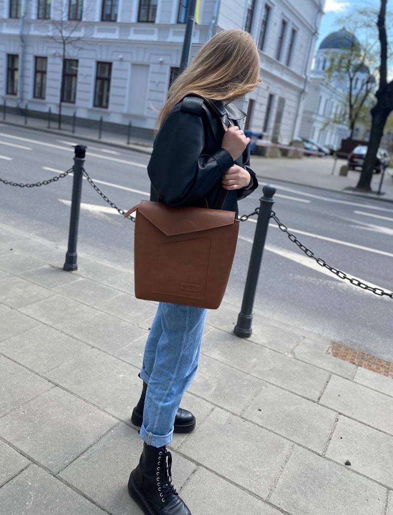 Brown leather everyday backpack, Envelope style rucksack, Custom leather backpack for women.