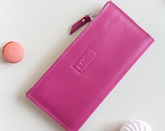 Cartera de cuero rosa, Cartera multifuncional de dos caras, Monedero elegante para mujer, Diseño de color personalizado disponible.