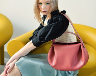 Hobo purse for women, Pink leather handbag, Hobo shoulder bag, Top handle leather bag, Lady boss gift, Custom colors available.