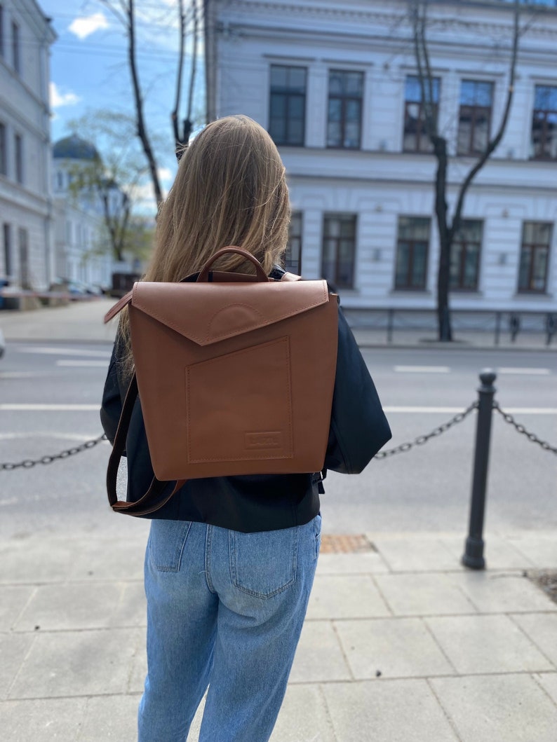 Brown leather envelope backpack, Everyday style rucksack, Custom leather backpack for women.