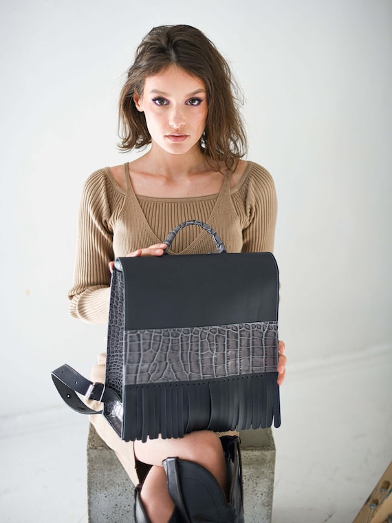 Grey Leather Fringe Backpack, Stylish Rucksack, Custom Color  display picture 1