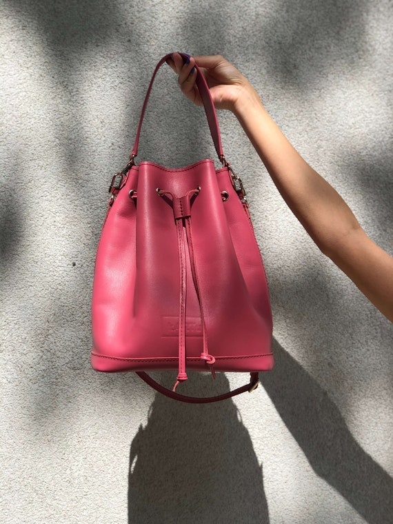 Pink Leather Purse Bucket Bag Shoulder Handbag Bucket Design