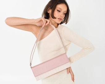 Minimalist pink leather handbag for women, with cosmetic pouch inside, trendy bag for girls