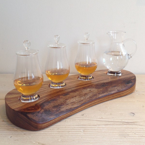 Long whisky stand, Scottish drinks flight, natural, Glencairn gift, coaster, burr elm, nosing glass, jug, Scotch, anyfink, Scotland, 456