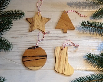 Set of 4 Christmas decorations, wooden decorations, tree, bauble, wooden star, holiday, stocking, folk decor, nordic holiday decor, Scottish