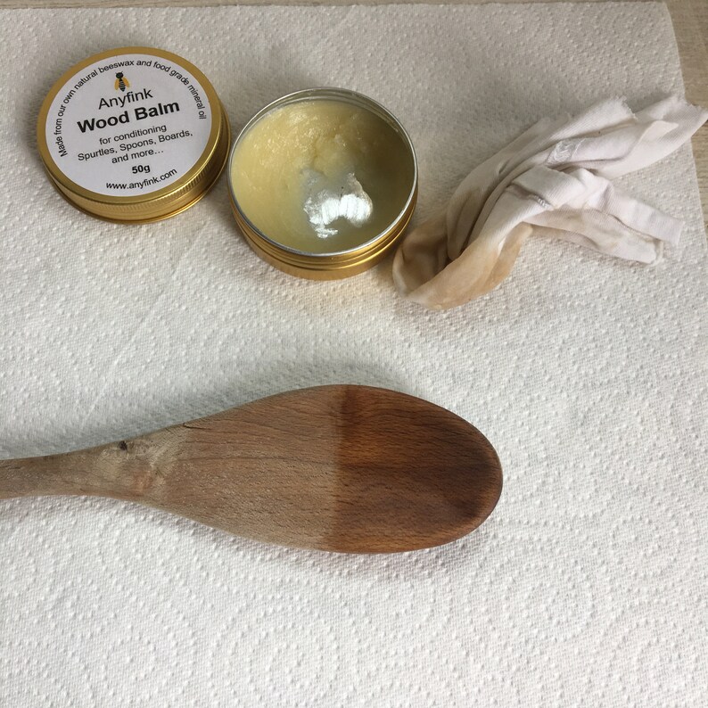 Anyfink Wood Balm for conditioning Spurtles, Spoons, Boards, Bowls, wax, conditioner, butter, Scottish beeswax, gift, Scotland, handmade image 5