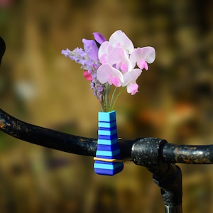 Könnte beinhalten: Eine blau-türkise gestreifte Vase mit einem Strauß rosa und lila Blumen, die an einem rostigen Fahrradlenker befestigt ist.