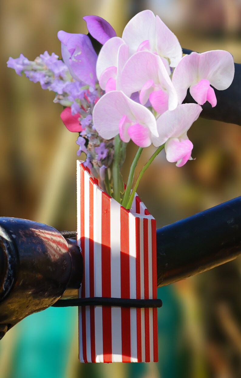 1x two-color bike vase with vertical stripes. Colored White-red, or choose your combo and elastic binder color image 3