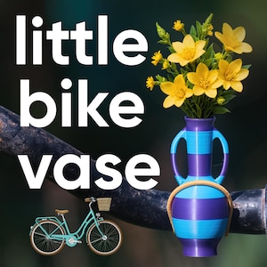 May include: A decorative vase with a blue and purple striped design, holding yellow flowers. The vase is attached to a bicycle handlebar. The words "little bike vase" are in white text.