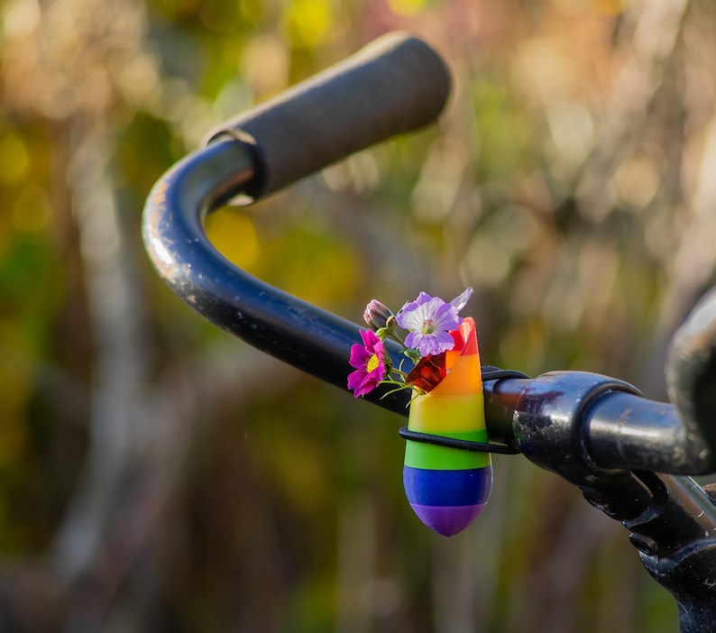 little vase for on your bike. Bike has the colors of the rainbow.