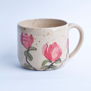 Magnolia pottery mug, pottery cup, polish mug, handmade cup, ceramic, artistic mug with handpainted flower, mug 200 ml