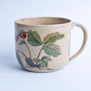 Wild strawberry mug,  pottery mug, pottery cup, polish mug, handmade cup, ceramic, artistic mug with handpainted , mug 250 ml