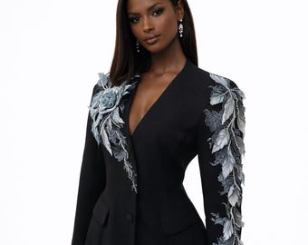 Luxury Black Blazer Women, Couture Customized Jacket, Hand Embellished Beaded Floral Blazer, Statement Evening Blazer