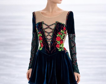 Exquisite Emerald Ice Skating Dress with Roses Rhythmic gymtastics leotard Performance Showdance Sportacrobatics