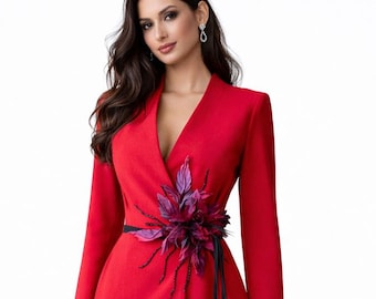 Red Wrap Dress with Beaded Embroidery, Custom Designer Dress, Evening Elegant Dress with Detachable Flower, Luxury Handmade Outfit