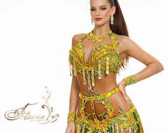 In stock!  Jungle-Inspired Belly Dance Costume – Green & Gold Handmade Outfit with Beaded Details and Leopard Skirt Professional costume