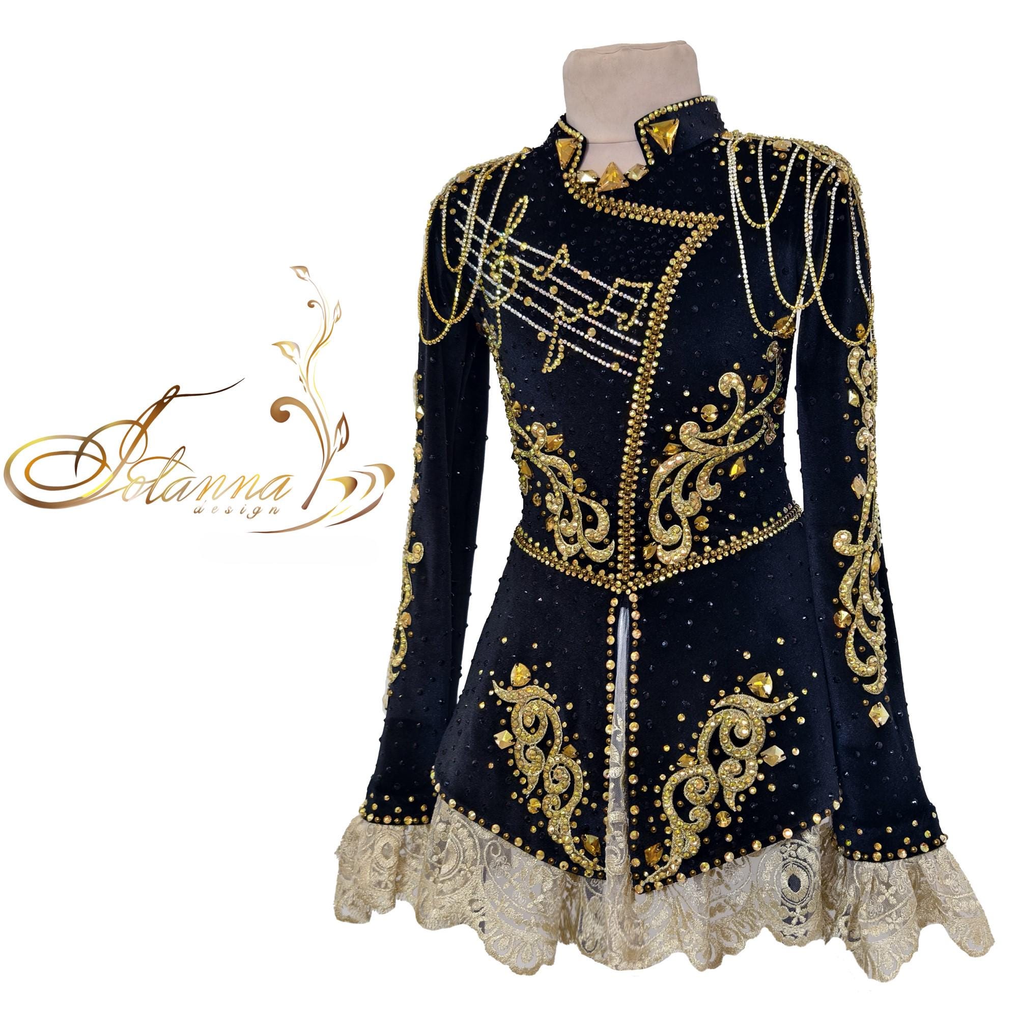 Black Gold Ice Skating Dress, Classical Music Costume, Figure Skating Apparel