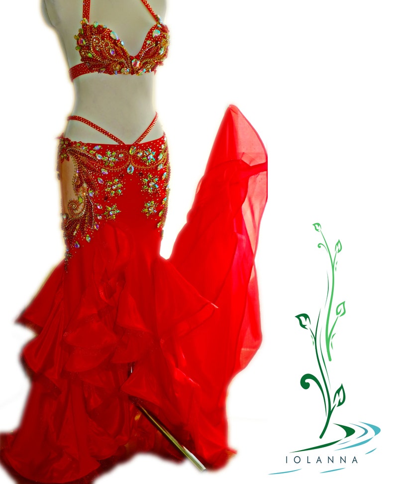 Scarlet Red Belly Dance Costume With Aurora Borealis | Etsy