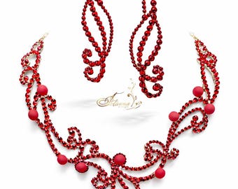 Red Crystal Necklace , Ballroom dance earrings Set, oriental jewelry