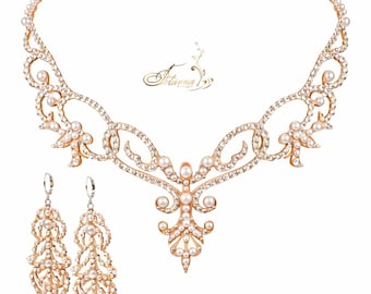 Pearl Crystal Chandelier Dance Earrings, Ballroom jewelry set, belly dance jewelry necklace