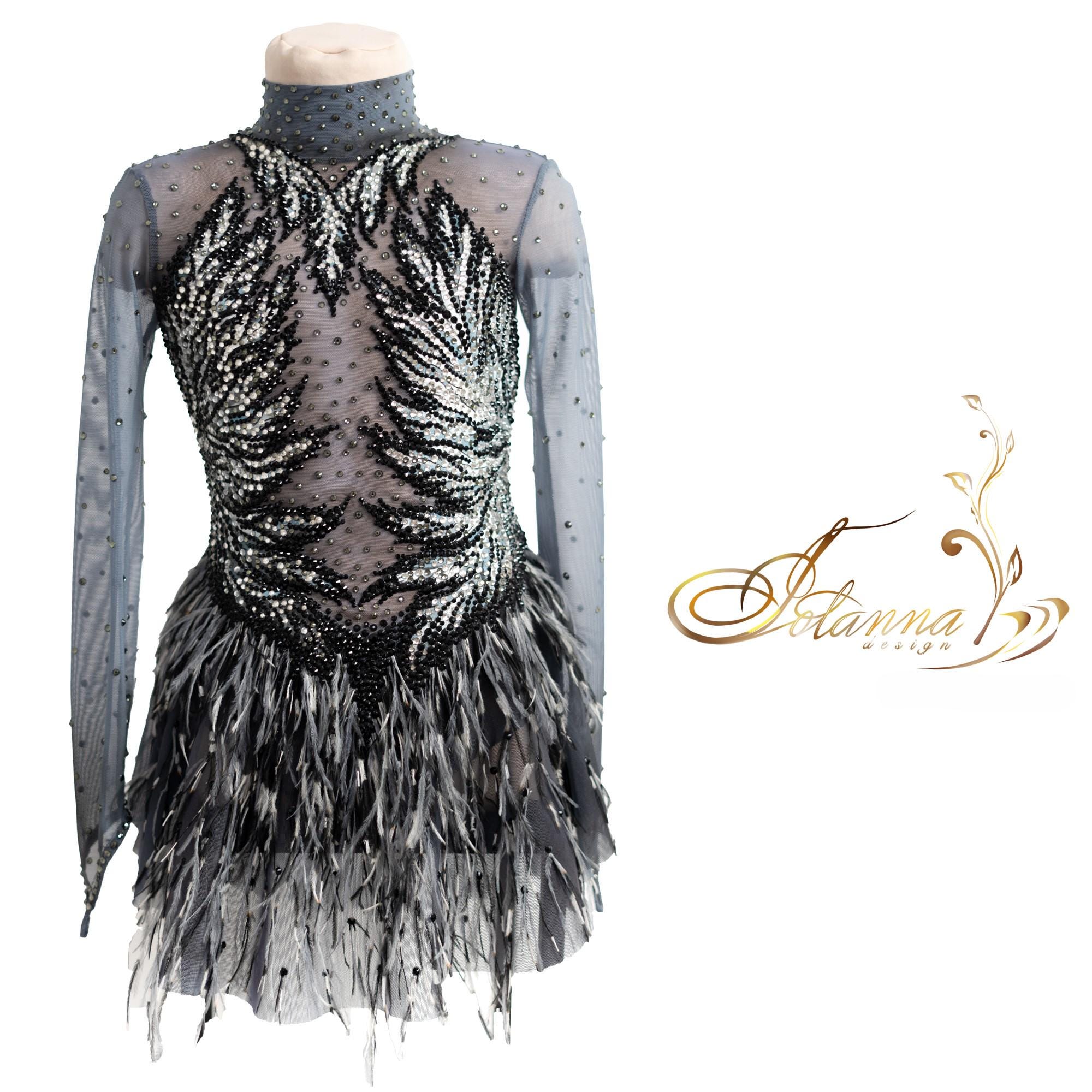 silver skating dress Feathered Ice Skating Competition Dress, Grey Black Swan Costume