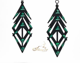 Emerald Geometric Dance Earrings, Black Belly dance earrings, latin dance jewelry, Black Geometric Dance Earrings