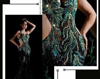 Prom dress for woman, Haute couture hand embroidered dress, Custom green gown, Iridescent dress, Sparkling carnival outfit,beaded gown