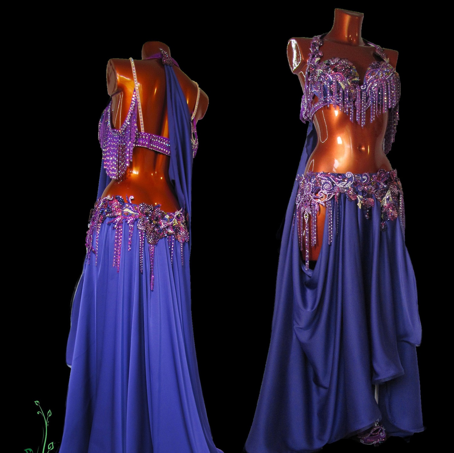 Purple Belly Dance Costume With Hip Cut Outs, Oriental Fringed Dancing